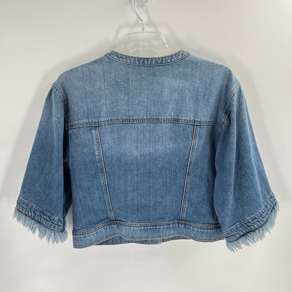 1. State Denim Jacket Bell Sleeve Collarless Sz Small - Picture 2 of 5